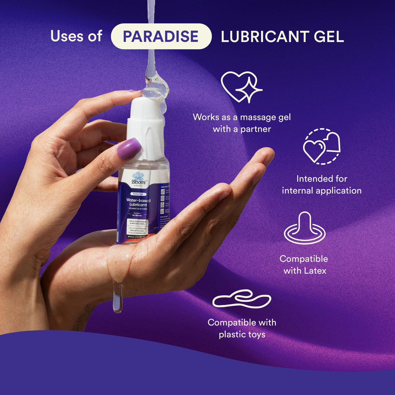 Bloom Water-Based Lubricant & Massage Gel | (50 ml) | For Long-lasting Painless Experiences | Non-Staining Lube for Dryness | Non-Sticky & pH Balanced Formula | Strawberry Flavour