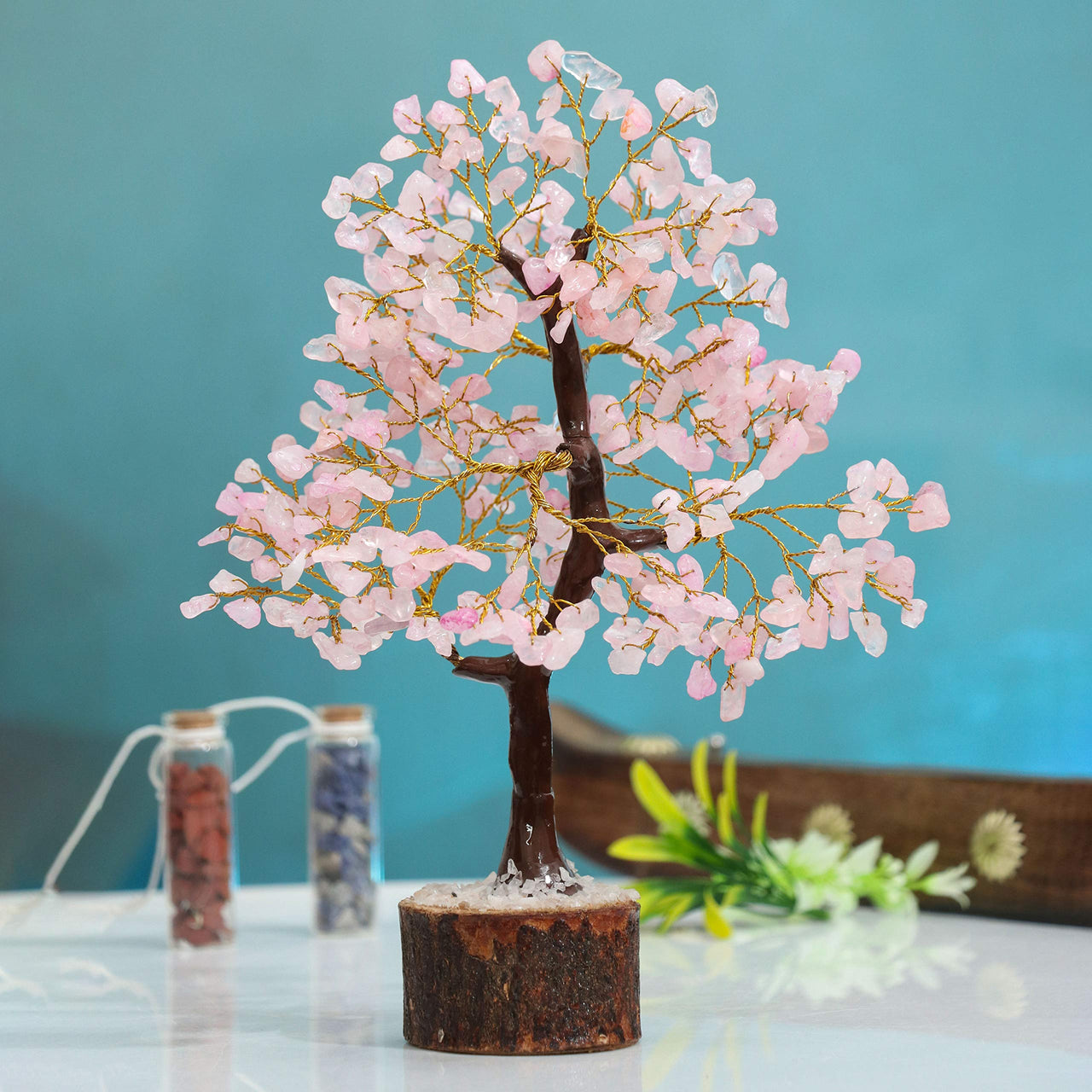 Rose Quartz Gemstone Tree - Crystal Tree for Positive Energy, Handmade Chakra Tree, Feng Shui Figurine - Money Bonsai, Good Luck Reiki Healing Crystals, Decoration Ornament Sculpture Prosperity Gift Rose Quartz (Golden Wire)