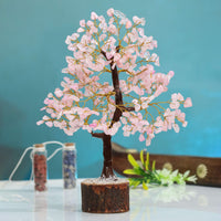 Rose Quartz Gemstone Tree - Crystal Tree for Positive Energy, Handmade Chakra Tree, Feng Shui Figurine - Money Bonsai, Good Luck Reiki Healing Crystals, Decoration Ornament Sculpture Prosperity Gift Rose Quartz (Golden Wire)