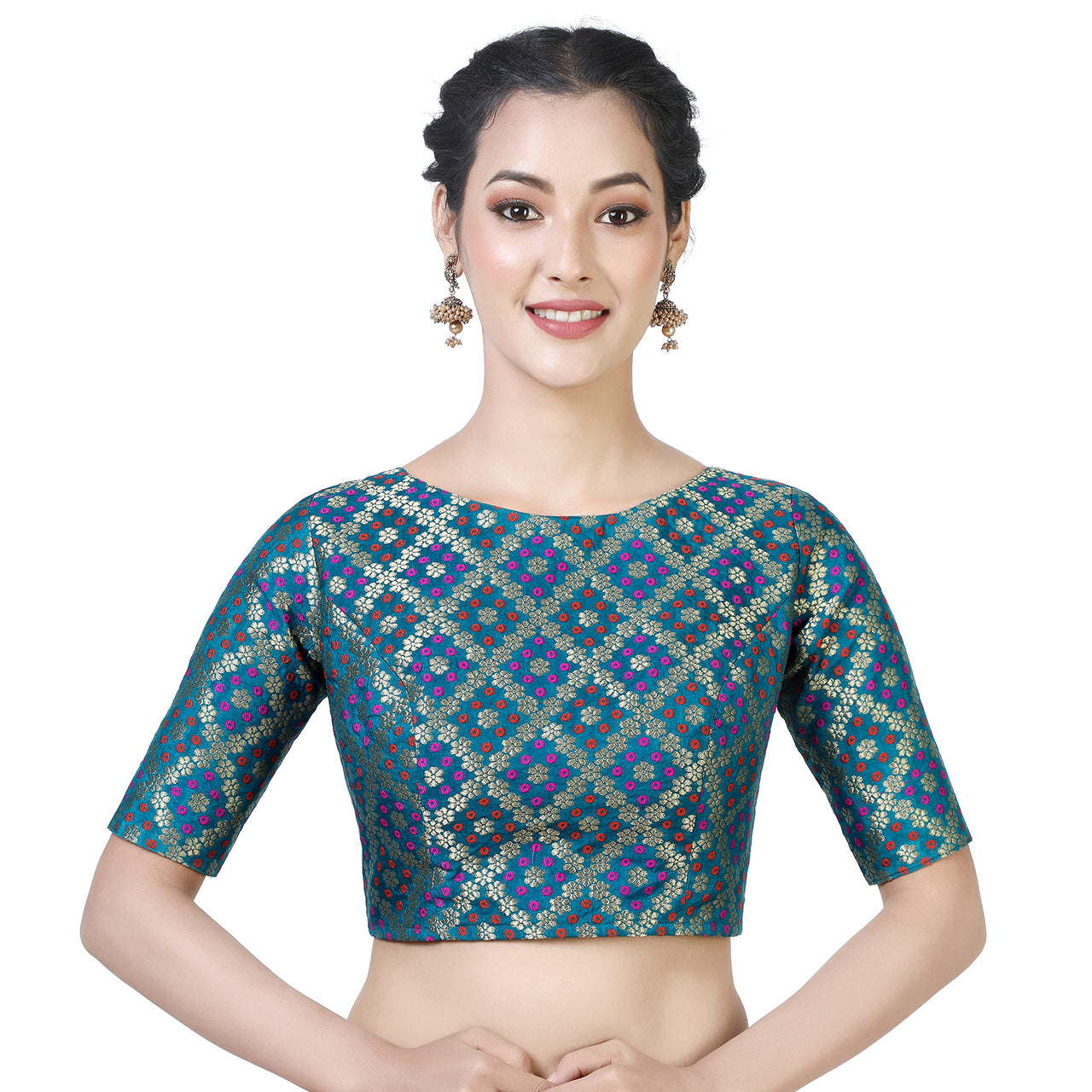 X3 Women's  Brocade Zari Weaving Elbow Length Sleeves Saree Blouse