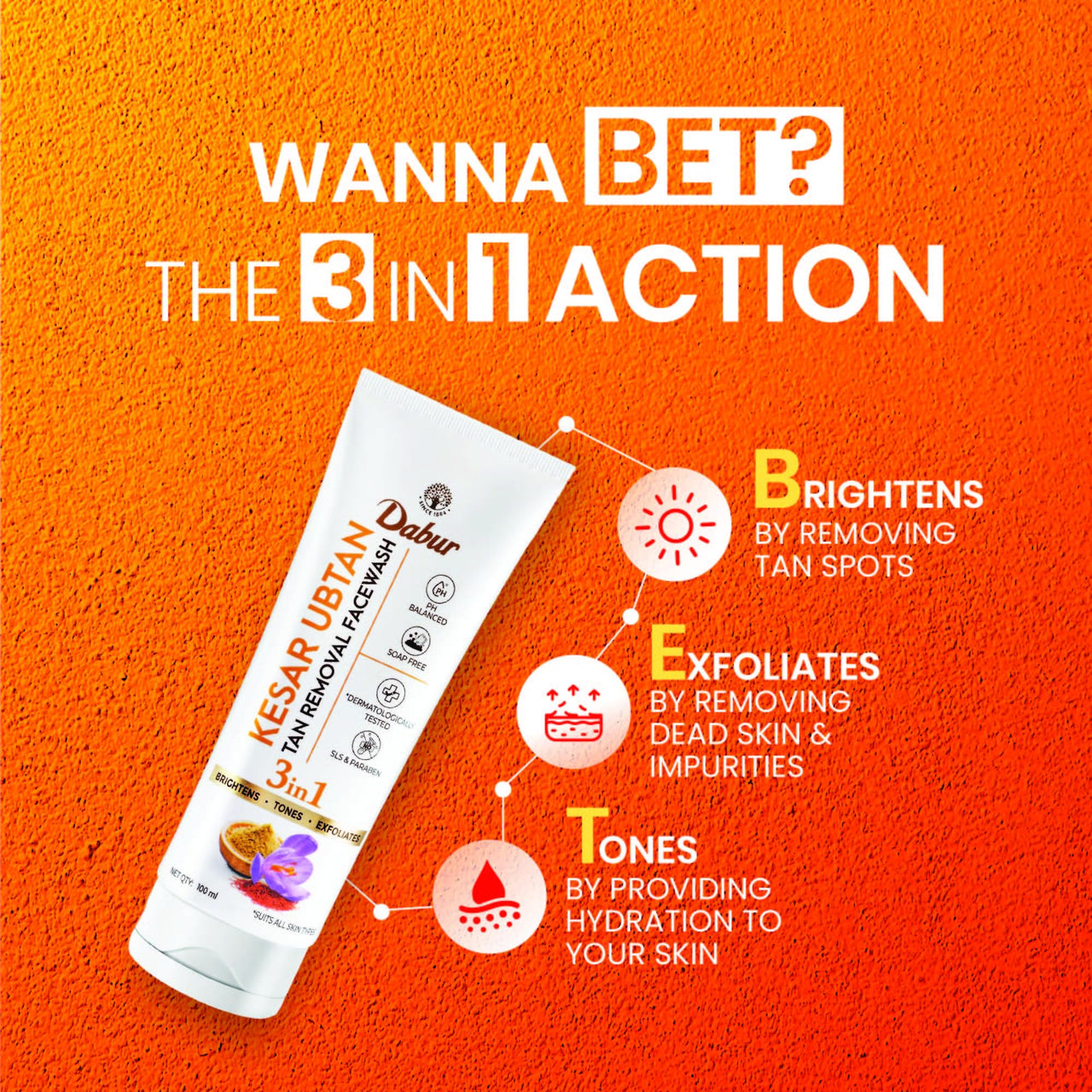 DABUR Kesar Ubtan Face Wash-100Ml|Enriched With Natural Turmeric, Niacinamide & Saffron To Brighten, Tone And Gently Exfoliate Skin|For Removing Tan, Dark Spots, Dirt & Impurities|For Men & Women