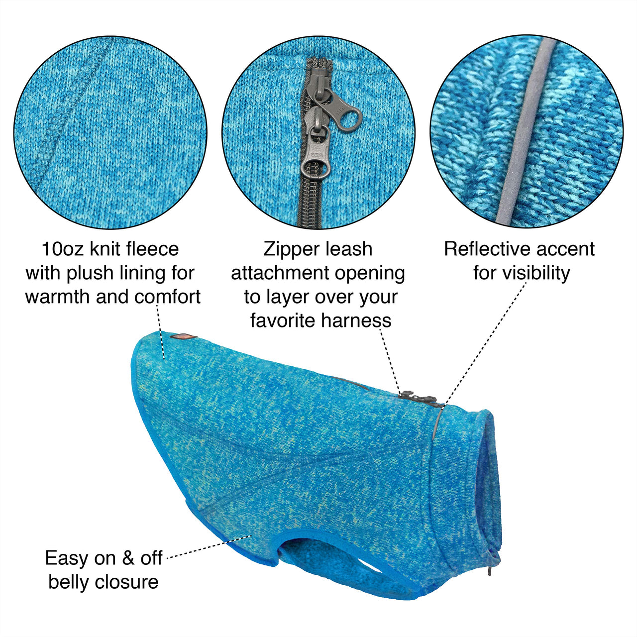 Kurgo Core Dog Sweater, Knit Dog Sweater With Fleece Lining, Cold Weather Pet Jacket, Zipper Opening for Harness, Adjustable Neck, Year-Round Sweater for Small Dogs (Heather Blue, Small) Heather Blue