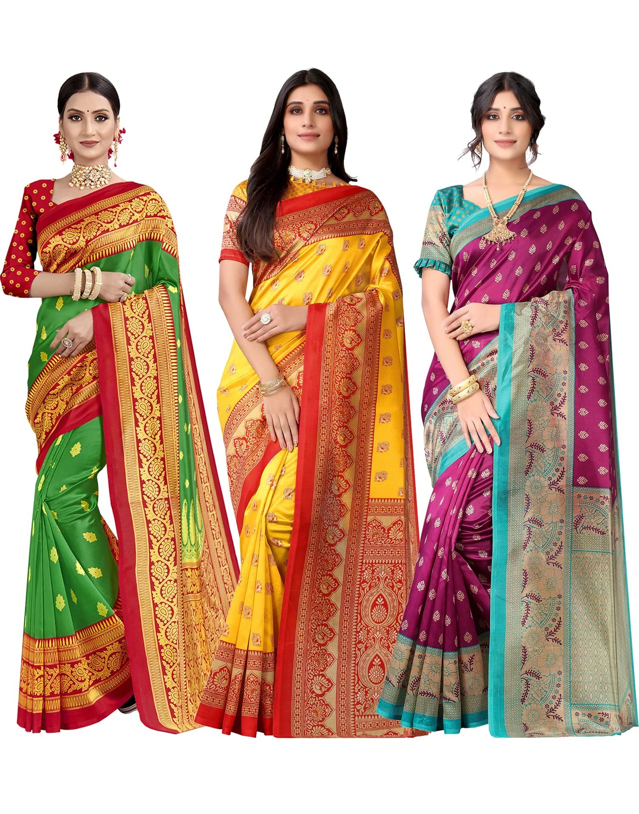 SIRIL Women's Poly Silk Saree Combo Pack Of 3 With Unstitched Blouse Piece