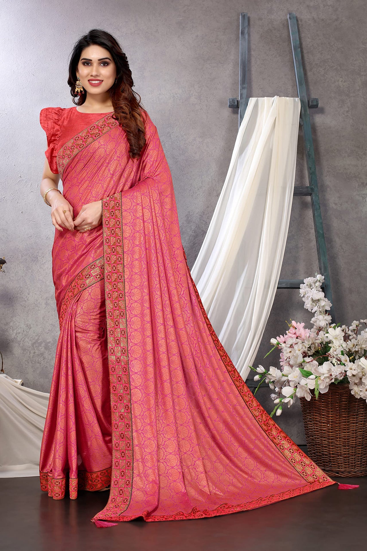 MIRCHI FASHION Women's  Stylish Lycra Foil Printed Design with Zari Woven Lace Work Saree with Blouse Piece