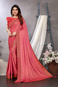 MIRCHI FASHION Women's  Stylish Lycra Foil Printed Design with Zari Woven Lace Work Saree with Blouse Piece