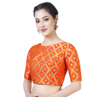 X3 Women's  Brocade Zari Weaving Elbow Length Sleeves Saree Blouse