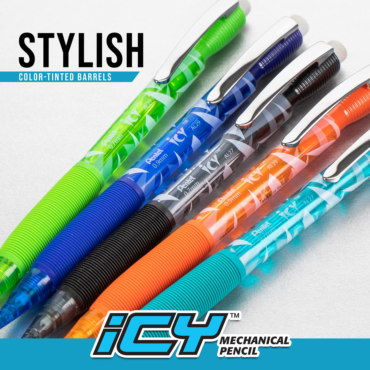 Pentel Icy Automatic Pencil with Lead, 0.7 mm, Assorted Barrels, 2 Pack (AL27TLBP2) 2 Pencils with Lead 0.7 mm