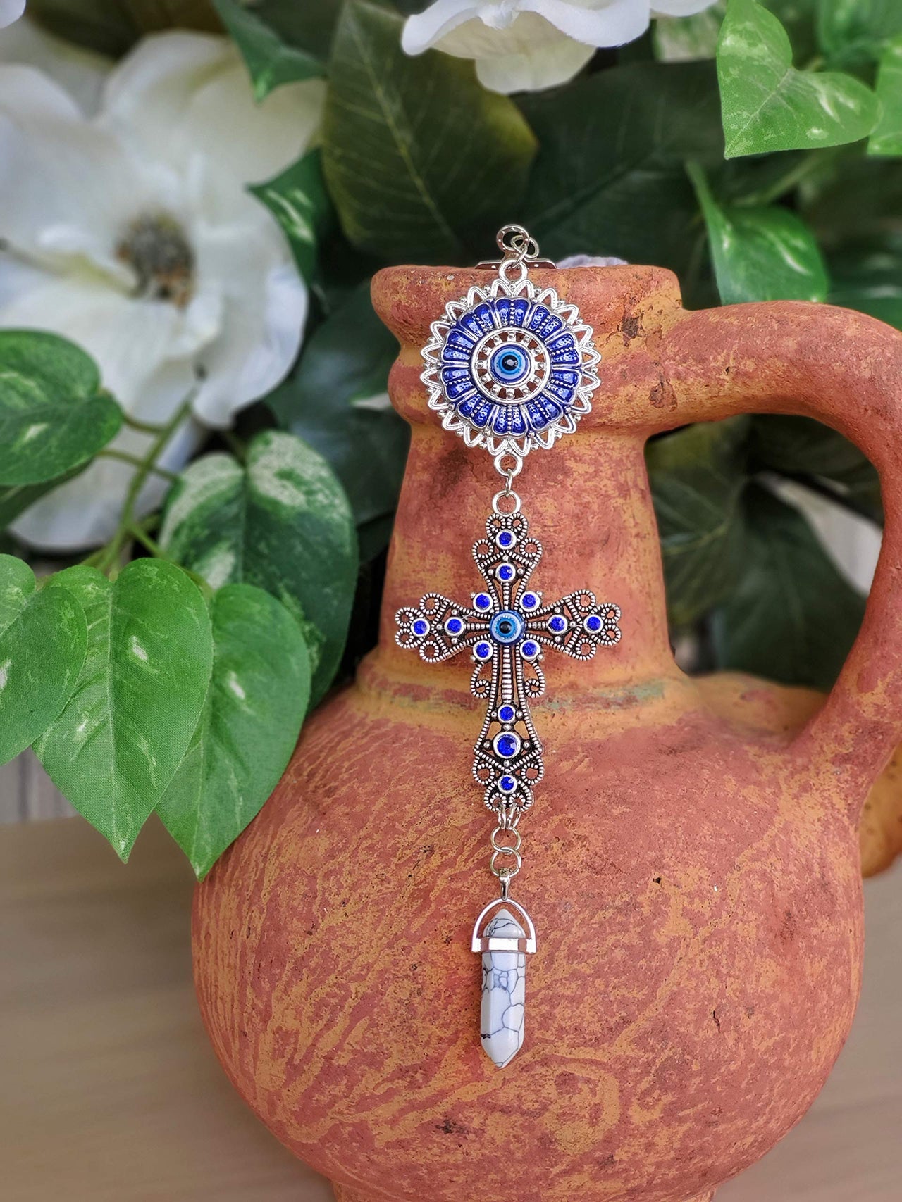 LUCKBOOSTIUM Blue Crystal Inlayed Cross & Blue Mandala Evil Eye Amulet w/Hanging Healing Stone - Nature, Energy, Rebirth, Growth Charms - Car & Home Lucky Charm Ornament (2"x8", White Turquoise)