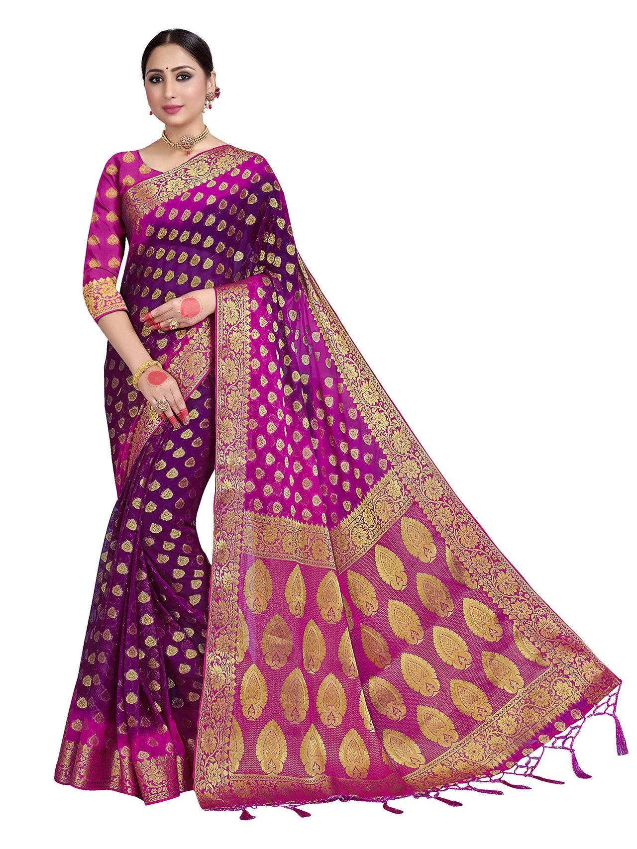 Vardha Women's  Chiffon Silk Saree with Unstitched Blouse Piece - Zari Woven Work Sarees for Wedding