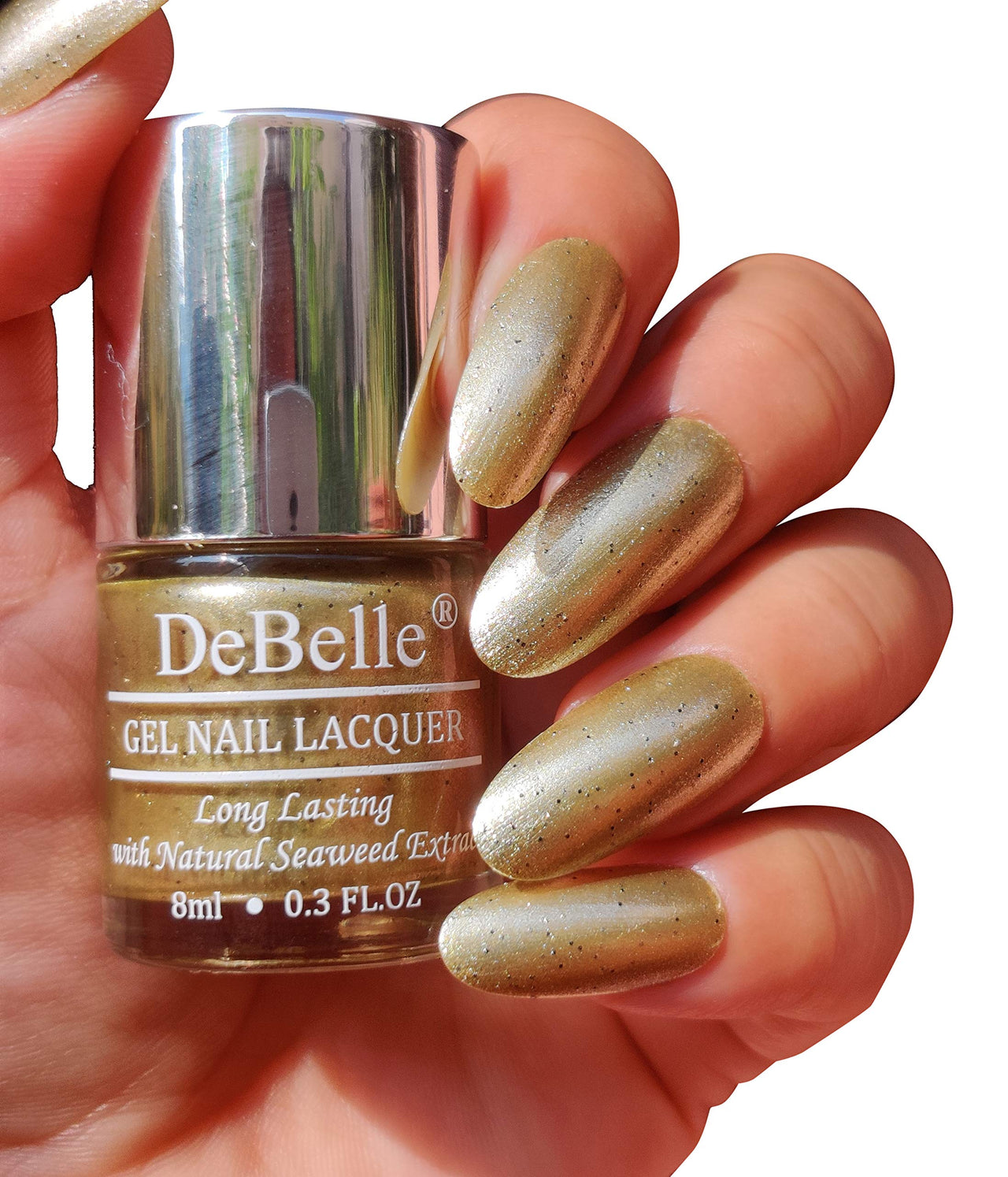 DeBelle Gel Nail Polish Canopus (Beige Gold with Black Glitter Nail Paint)|Non UV - Gel Finish |Chip Resistant | Seaweed Enriched Formula| Long Lasting|Cruelty and Toxic Free| 8ml