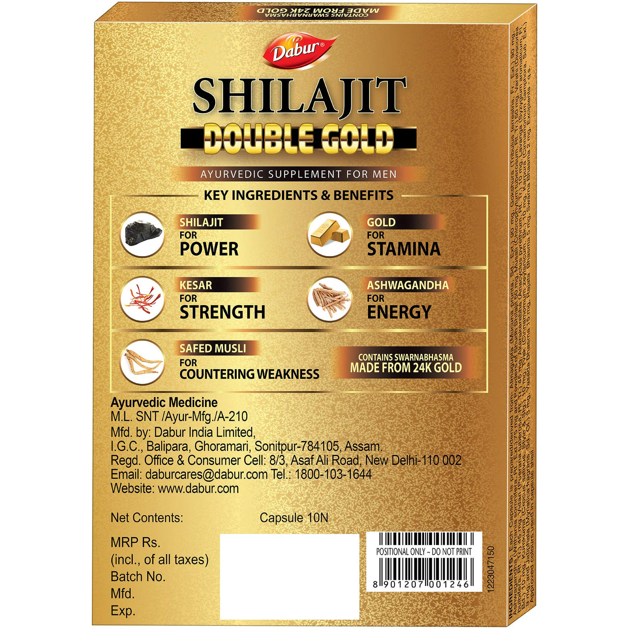 DABUR Shilajit Double Gold-10 Capsules|2X Stamina&Strength|100% Ayurvedic Capsules For More Strength,Power,Energy&Stamina|Helps In Countering Weakness|Premium Vitality Ayurvedic Supplement|For Men