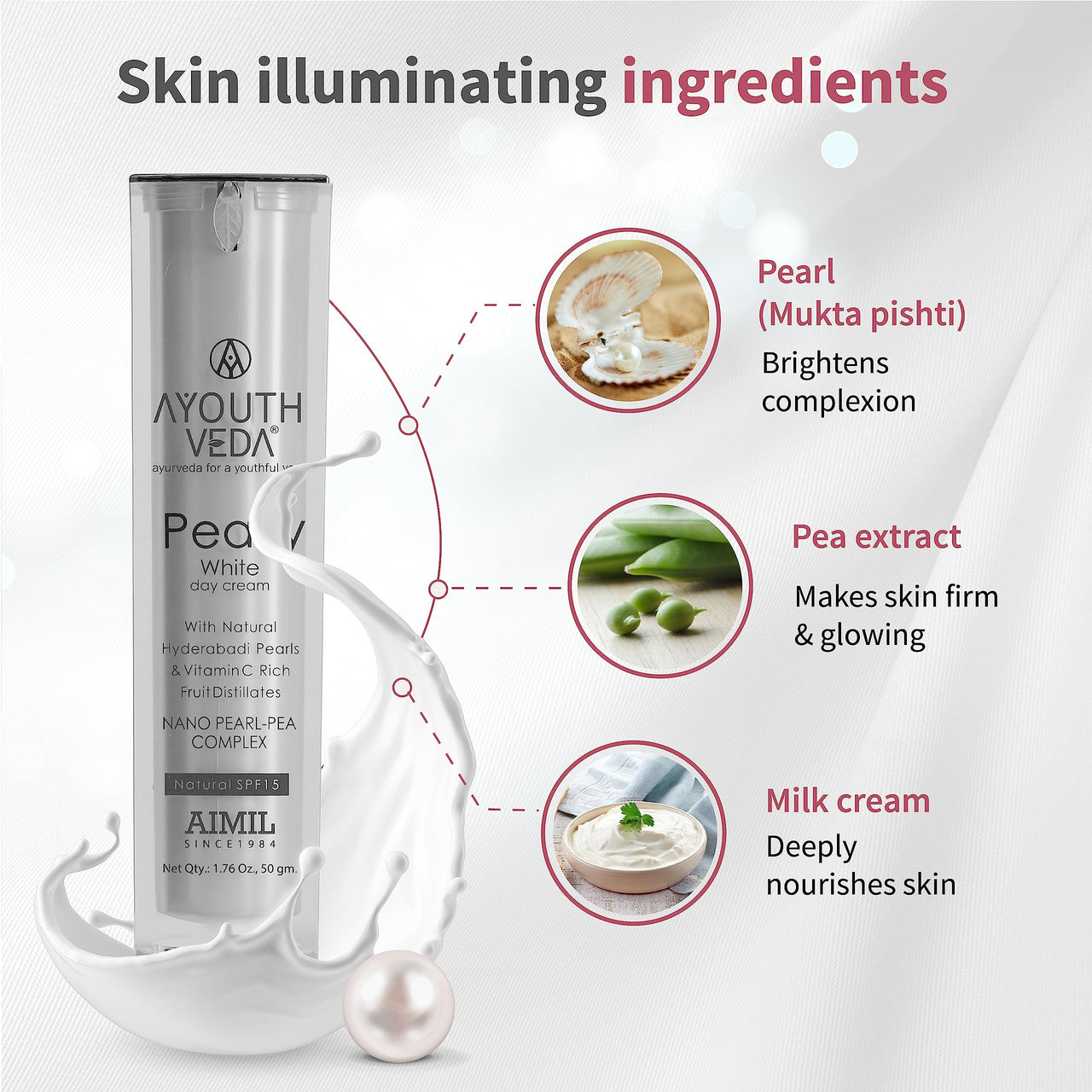 Ayouthveda Pearly White Day Cream With Natural SPF 15 | Nourishes Skin With Pearl, Pea- Extract & Milk Cream | For A Pearly Lusture, Hydrate & Radiant Skin | Suits Normal & Oily Skin (Pack Of 1-50Gm)