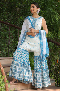 Juniper Blue Georgette Printed Straight Kurta Sharara Dupatta Set