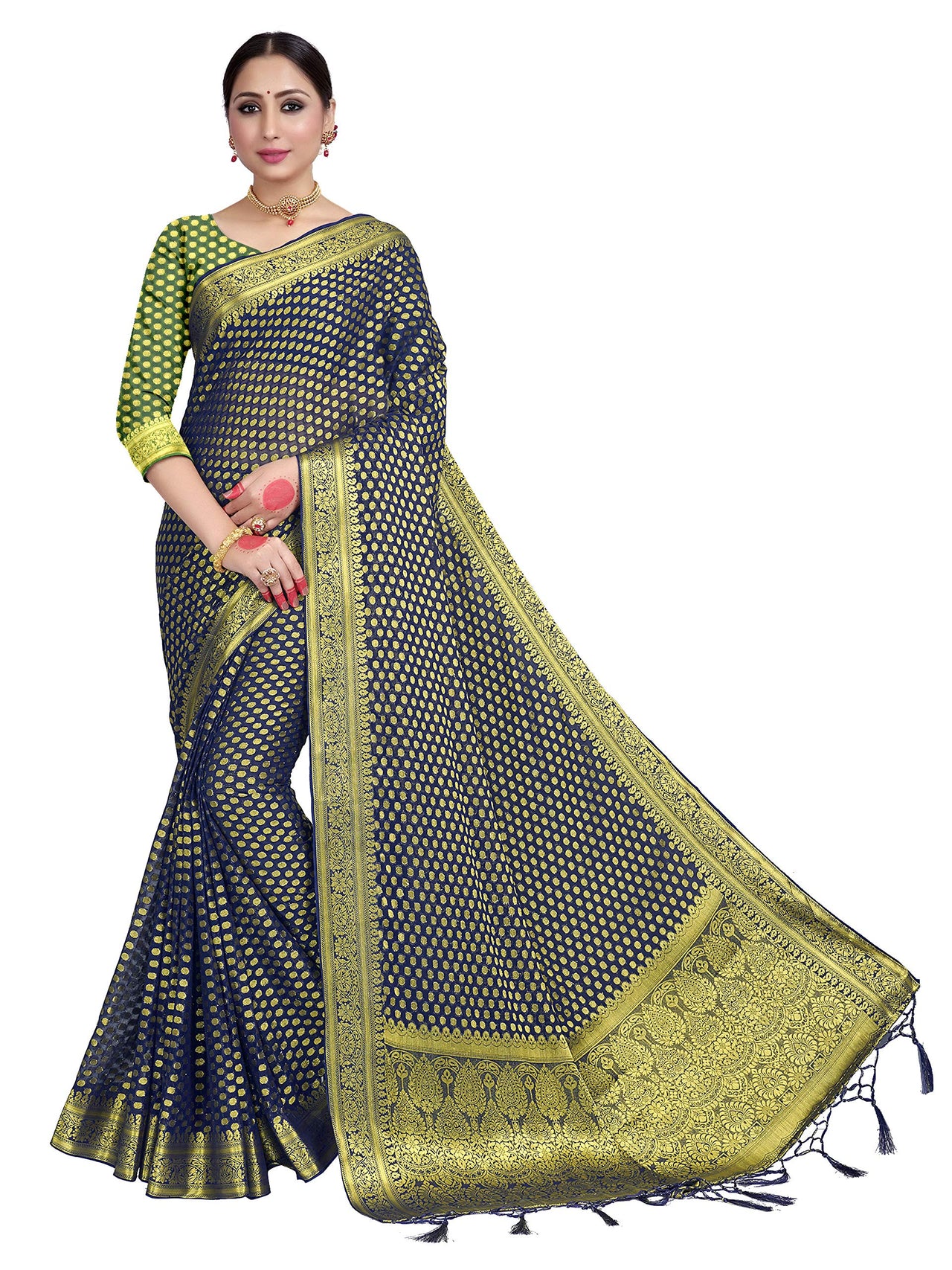 Vardha Women's  Chiffon Silk Saree with Unstitched Blouse Piece - Zari Woven Work Sarees for Wedding