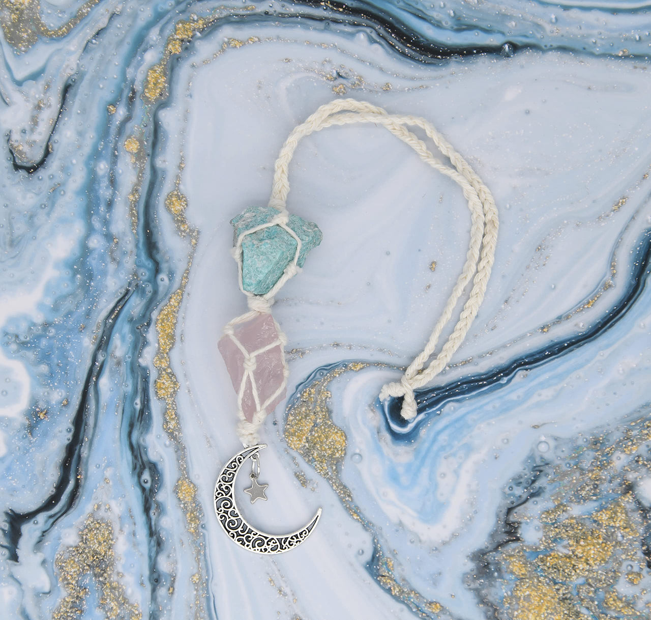 BOHO GARDEN Hanging Car Charm - Amazonite & Rose Quartz - Dangling Moon & Healing Crystal Accessories, Rearview Mirror Decorations - Self-Love, Honesty, Clarity, Connection, Self-Worth, Love, Energy Amazonite-rose Quartz