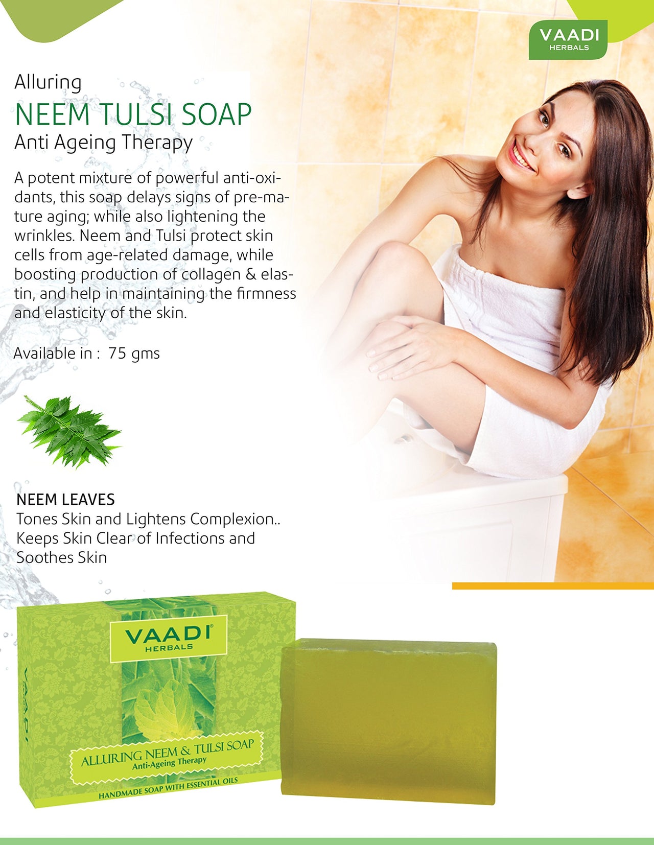 Vaadi Herbals Alluring Neem Tulsi Soap with Vitamin E and Tea Tree Oil, 75g