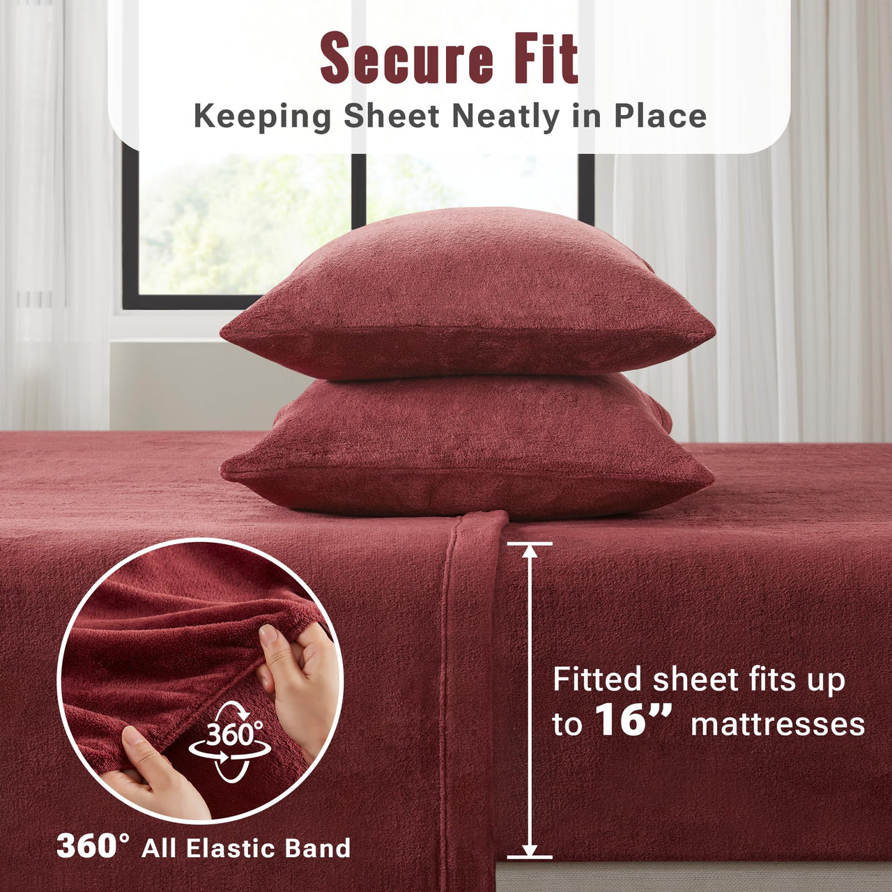 Sleep Philosophy True North Fleece Sheet Set Full, Solid Color, Warm & Plush Sheets Soft Fleece Bedding Full Size Sheets, Fitted Pocket Fits Up to 16" Mattress, Soloft, Full Burgundy 4 Piece