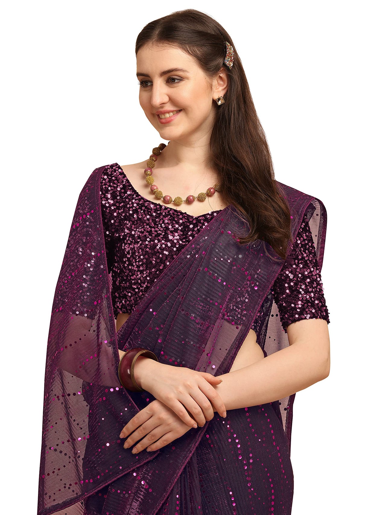 Amrutam Fab Women's  Embellished Net Pink Saree with unstitched Sequences velvet Blouse Piece