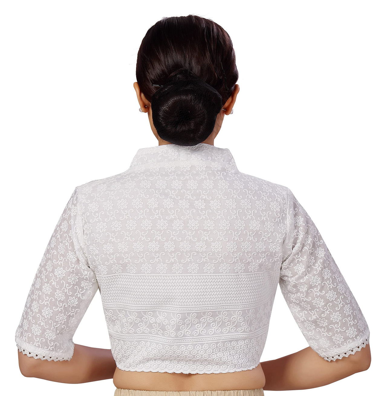 X3 Women's  Cotton Elbow Length Sleeves Chikankari Saree Blouse with Glass Neck