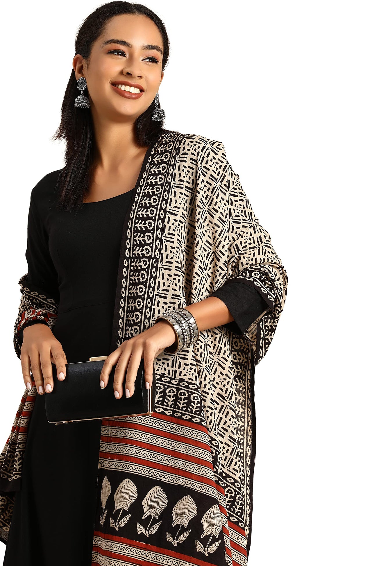 Janasya Women's  Black Rayon Kurta with Dupatta