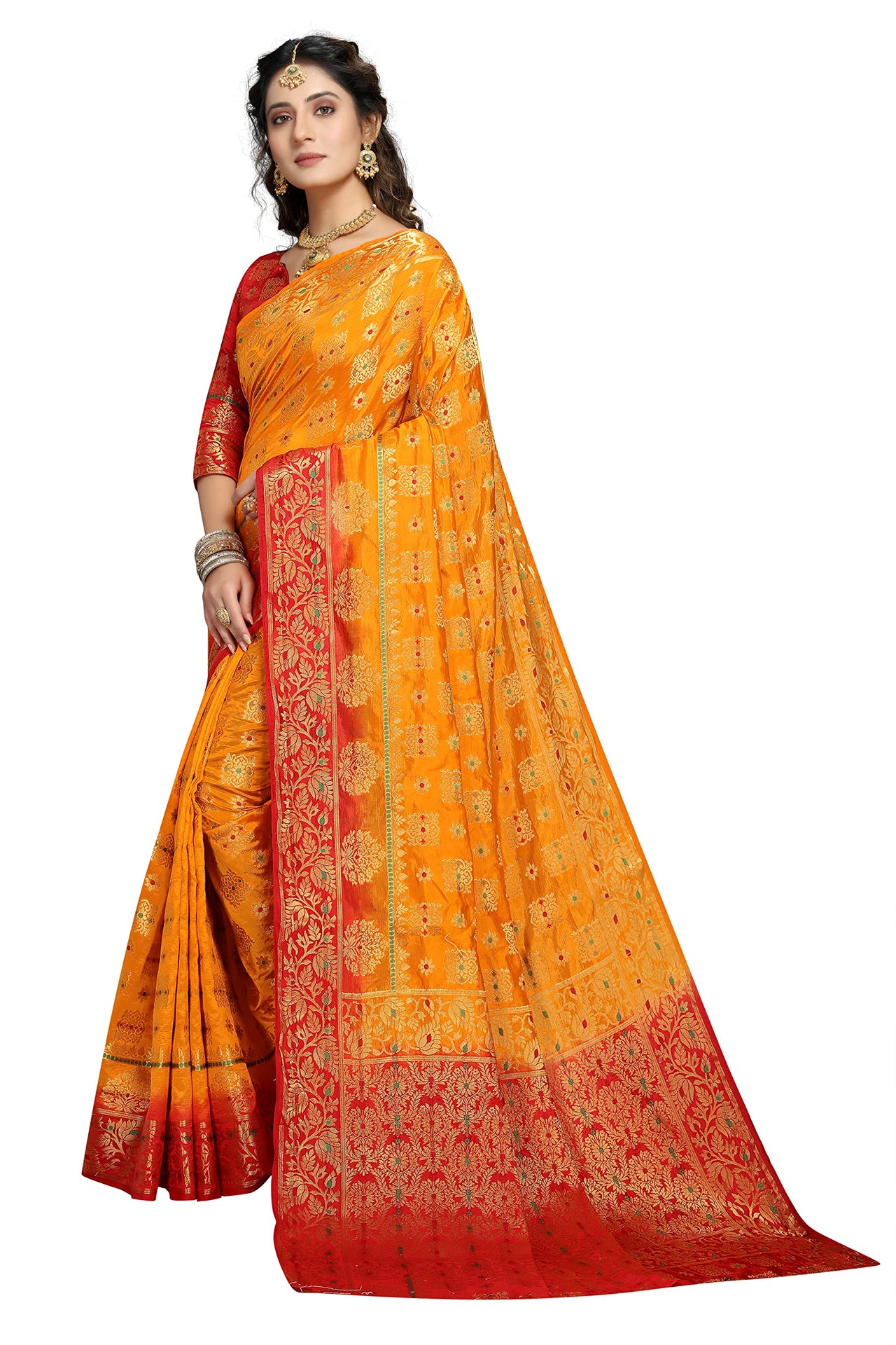 C J Enterprise Women's  Pure Kanchipuram Silk Sarees For Wedding With Un-Stitched Blouse Piece (D11 paithani)