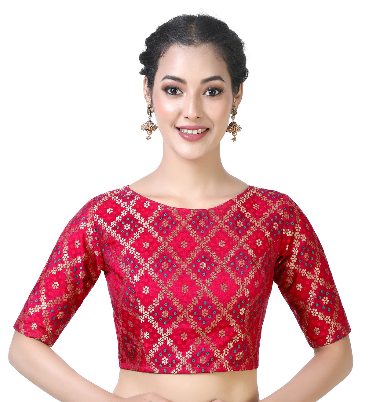 X3 Women's  Brocade Zari Weaving Elbow Length Sleeves Saree Blouse