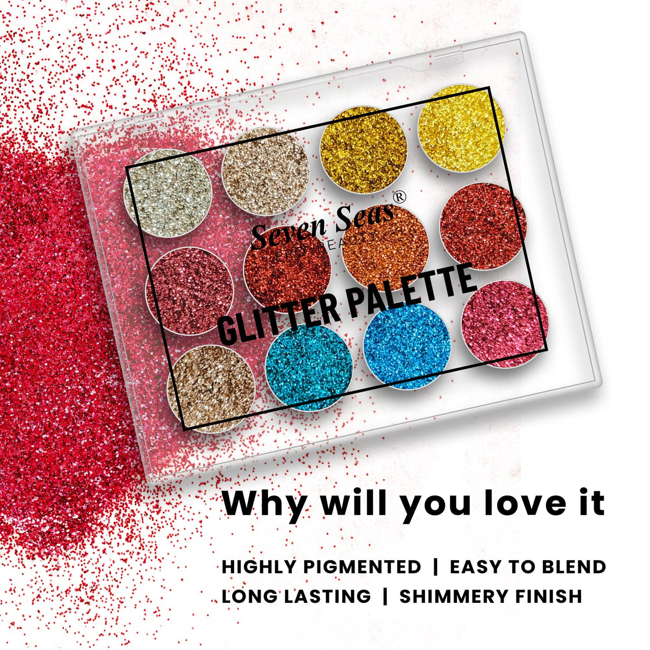 Seven Seas Glitter Eyeshadow Palette Shimmery Finish for Eye Makeup | Long Lasting | Highly Pigmented For Smokey Eye Palette (Skin)