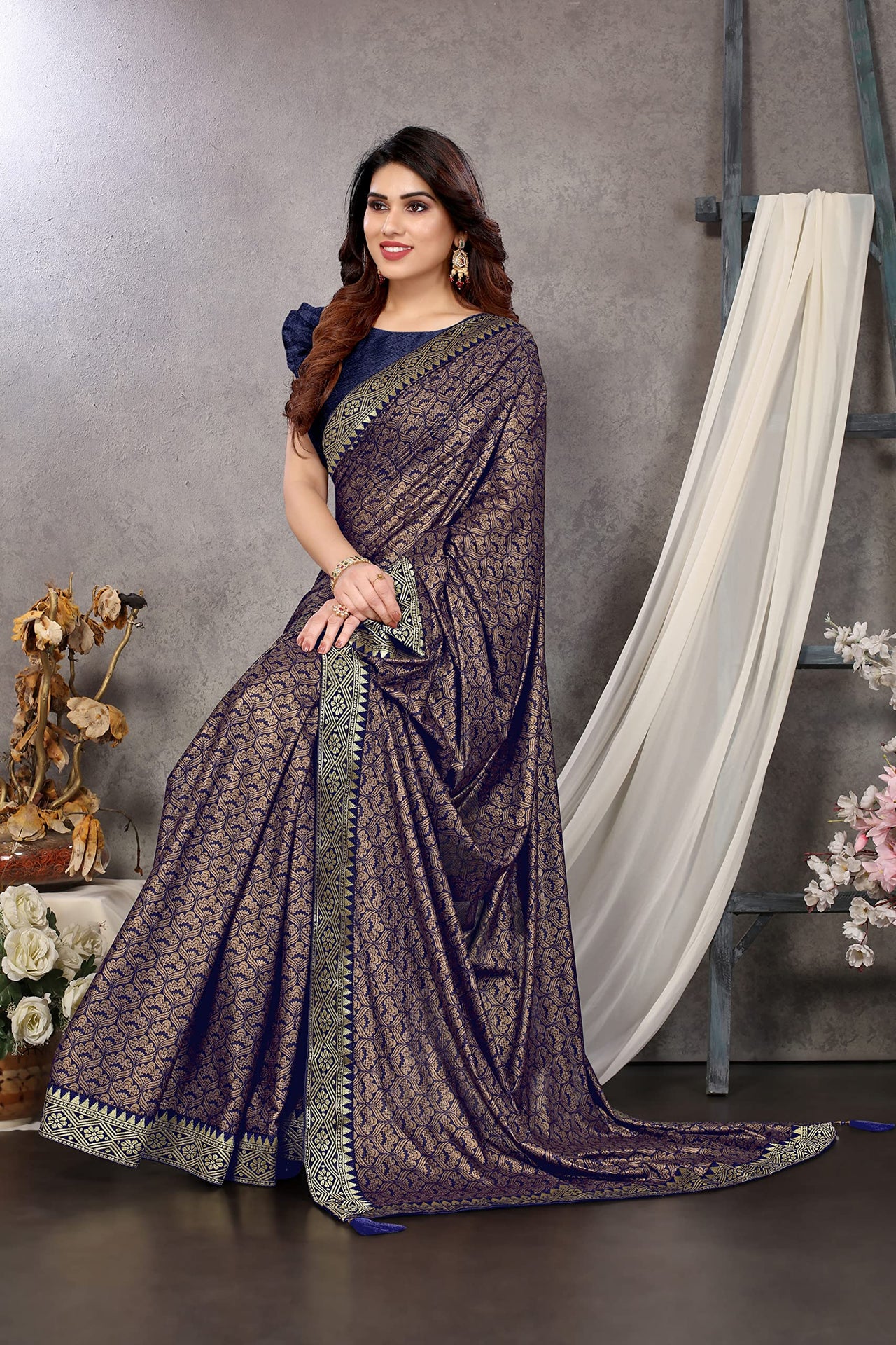 MIRCHI FASHION Women's  Stylish Lycra Foil Printed Design with Zari Woven Lace Work Saree with Blouse Piece