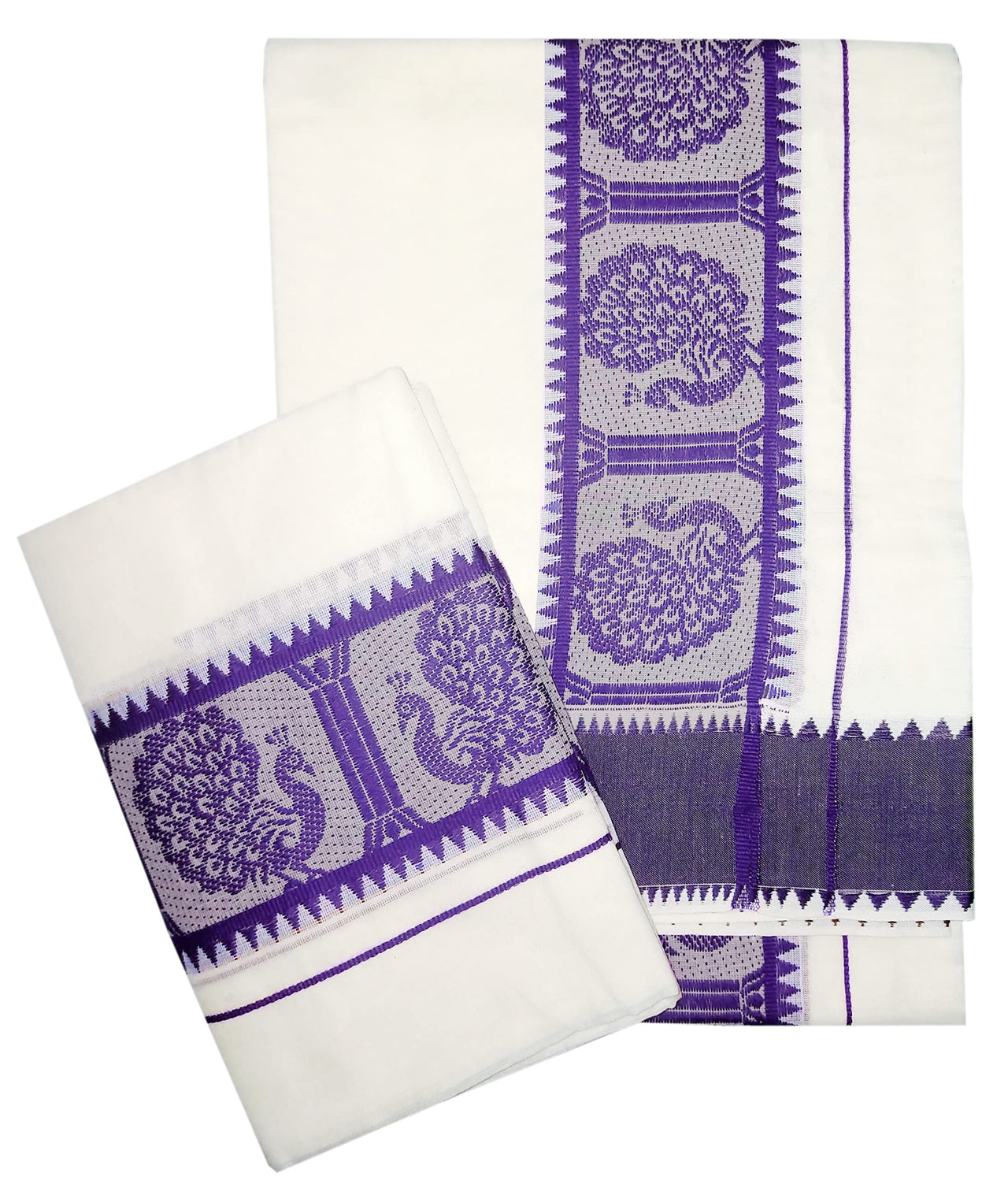 YETTALAN® Women's  Kerala Traditional Cotton Jacquard Work Set Mundu with Color Temple Border 2.00&2.80 Meters Maroon Peacock