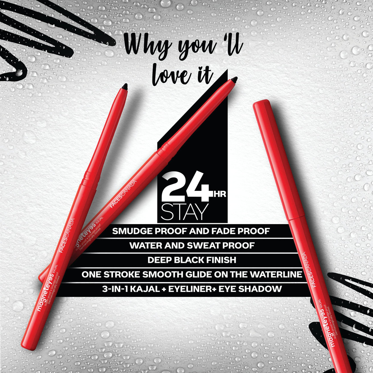 FACESCANADA Magneteyes Kajal Stick - Black, 0.35 Gm | 24 Hr Long Stay | One Stroke Smooth Glide | Waterproof, Smudgeproof & Fadeproof | Deep Matte Finish | Enriched With Almond Oil & Vitamin E