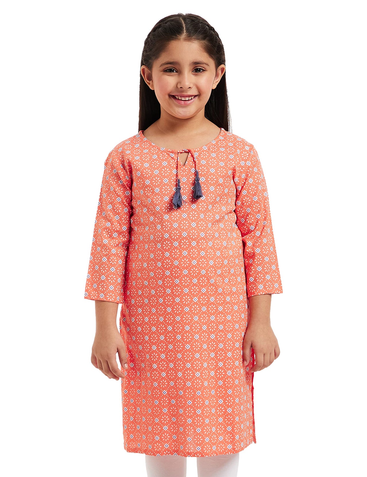 Amazon Brand - Jam & Honey Girl's  Cotton Regular Short Kurti PEACH 2 2 Years-3 Years