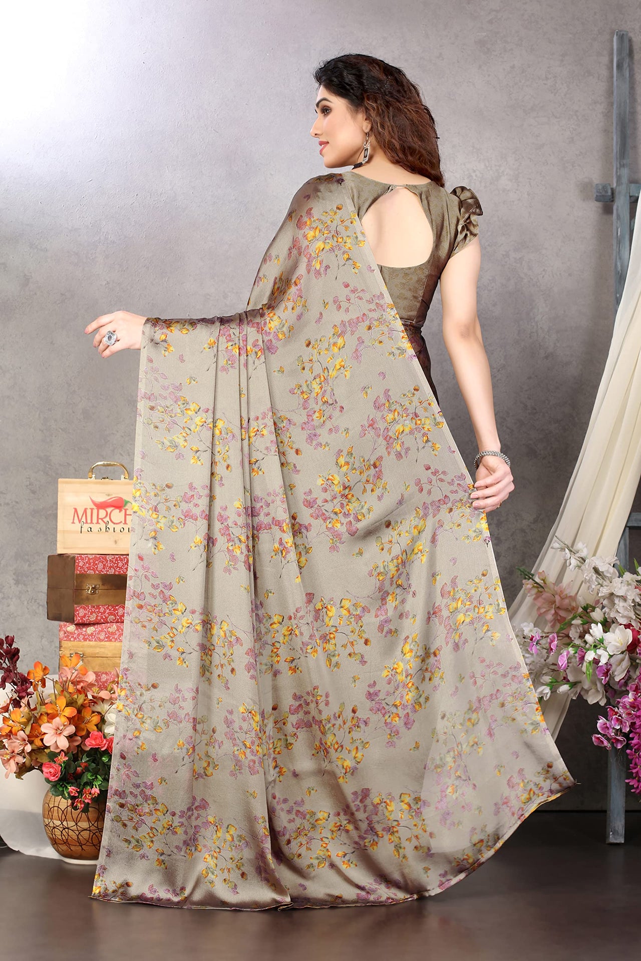 MIRCHI FASHION Women's  Stylish Chiffon Floral Printed Saree with Blouse Piece