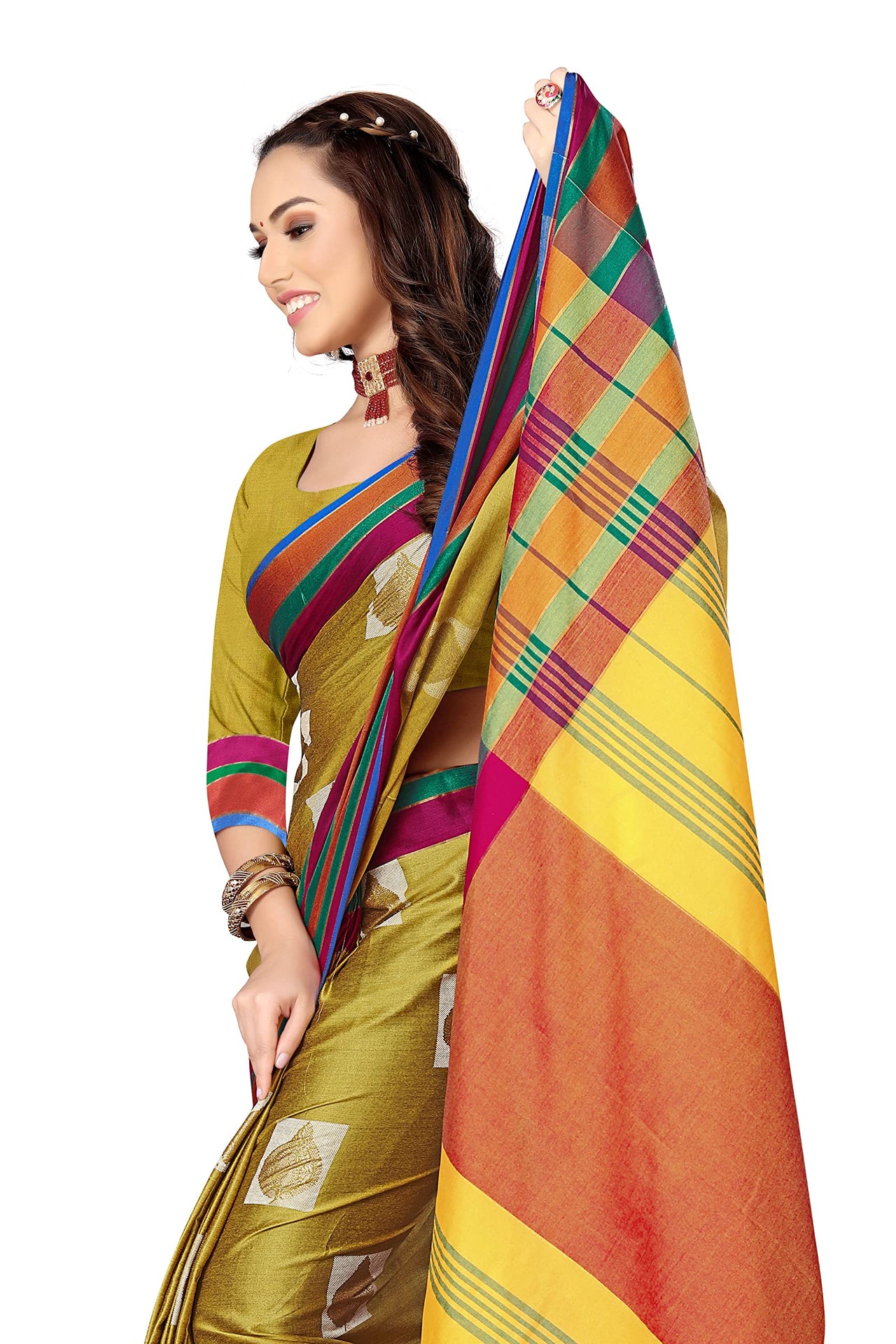 GRECIILOOKS Women's  Art Cotton Silk With Golden Border Printed Soft Silk Saree With Blouse Piece