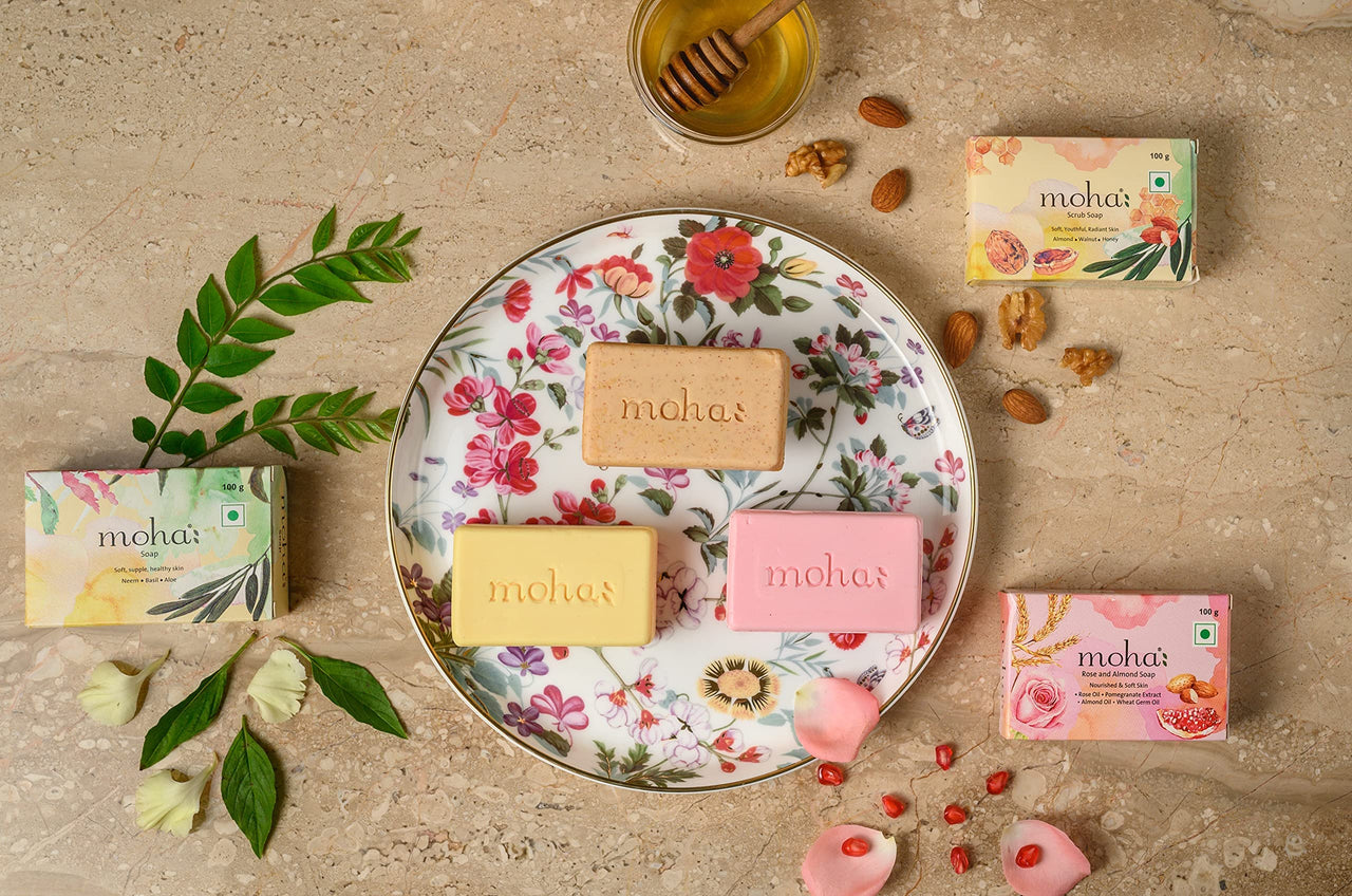 Moha: Herbal Soap A Natural Face & Body Cleanser! With Goodness Of Aloe Vera Gel, Basil & Neem Used As Bathing Soap, Face & Body Soap, Unisex Bathing Bar - 100Gm Each (Pack Of 6)