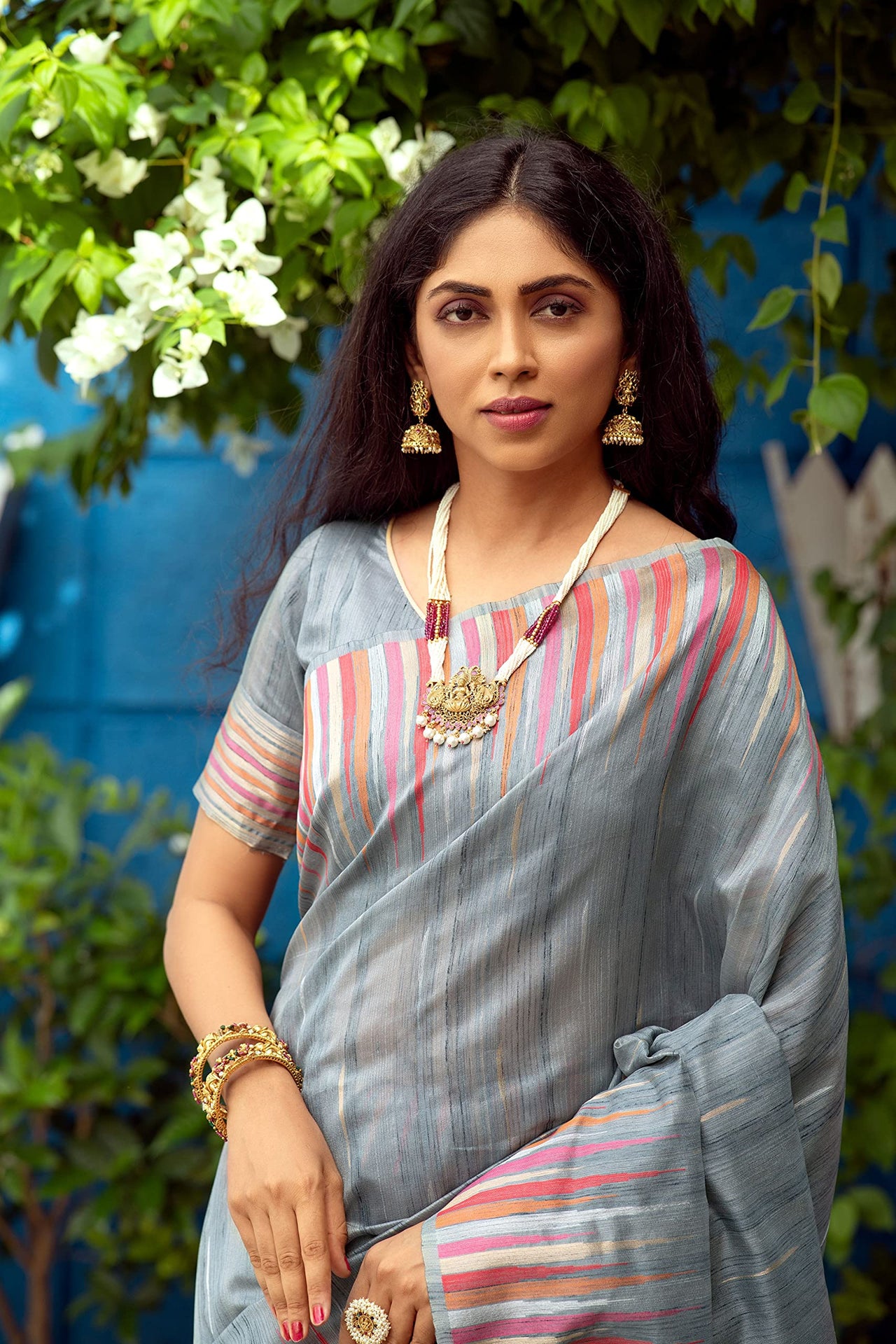 NK Textiles Women's  Ikat Woven Tussar Silk Saree with Tassels