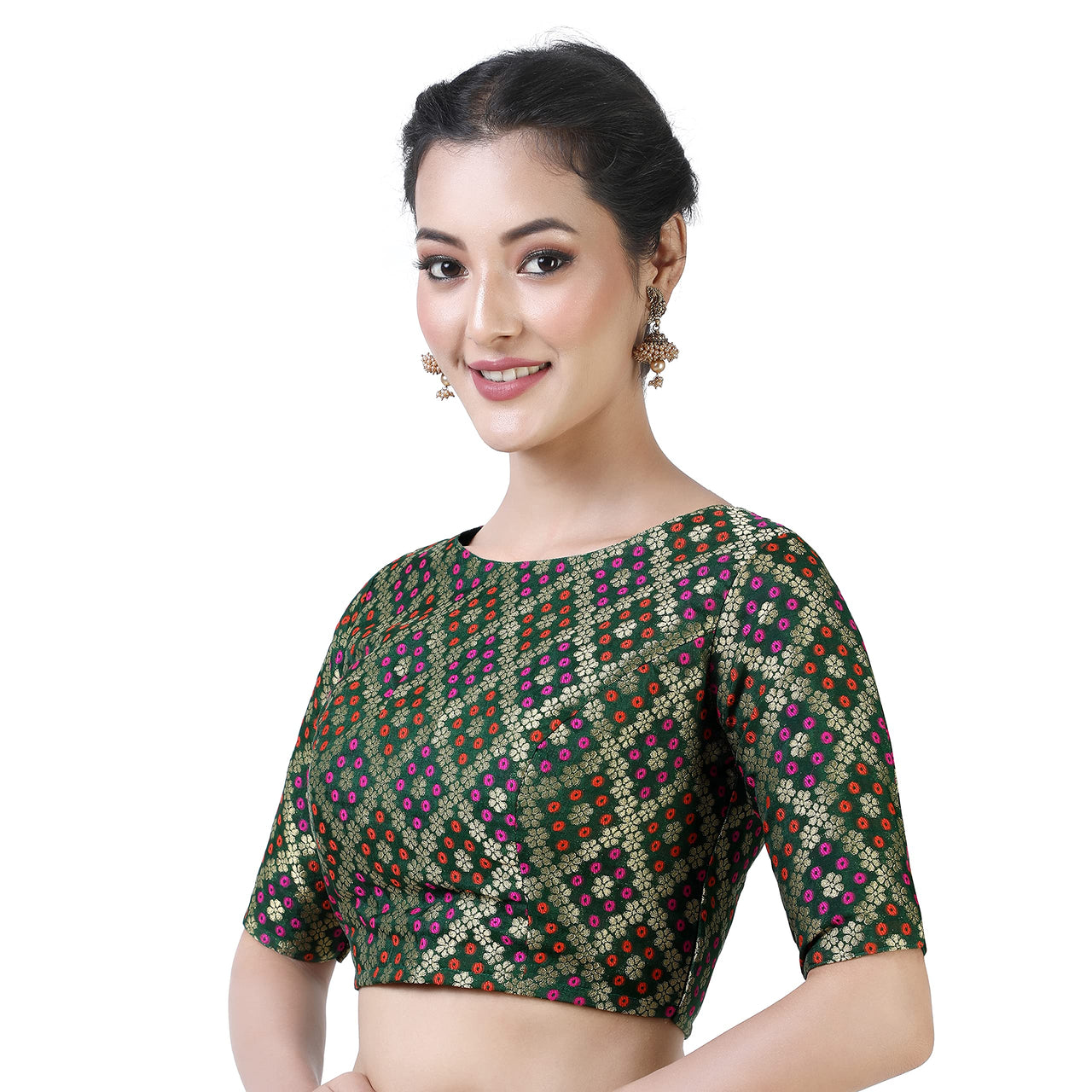 X3 Women's  Brocade Zari Weaving Elbow Length Sleeves Saree Blouse