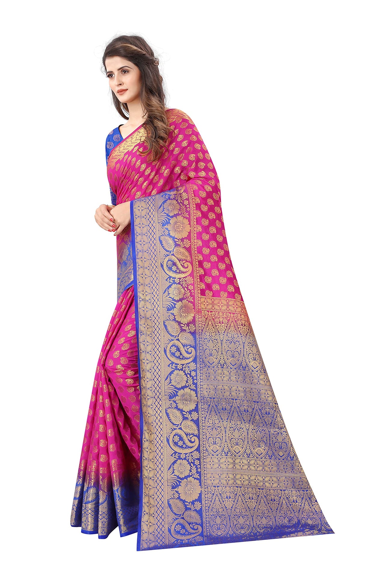 SATYAM WEAVES Women’s Daily/Party/Wedding/Casual Wear Rapier Jacquard Banarasi Cotton Silk Saree With Jacquard Designed Unstitched Blouse Piece
