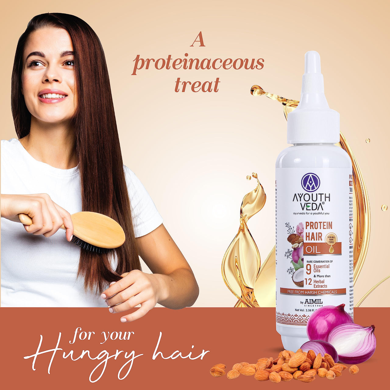 Ayouthveda Protein Hair Oil For Healthy Hair | Blend of Essential Oil & 12 Herbal Extracts | Strengthen The Roots & Makes Hair Shiny | A Non Sticky Formula For Dandruff Control (Pack of 1-100ml each)