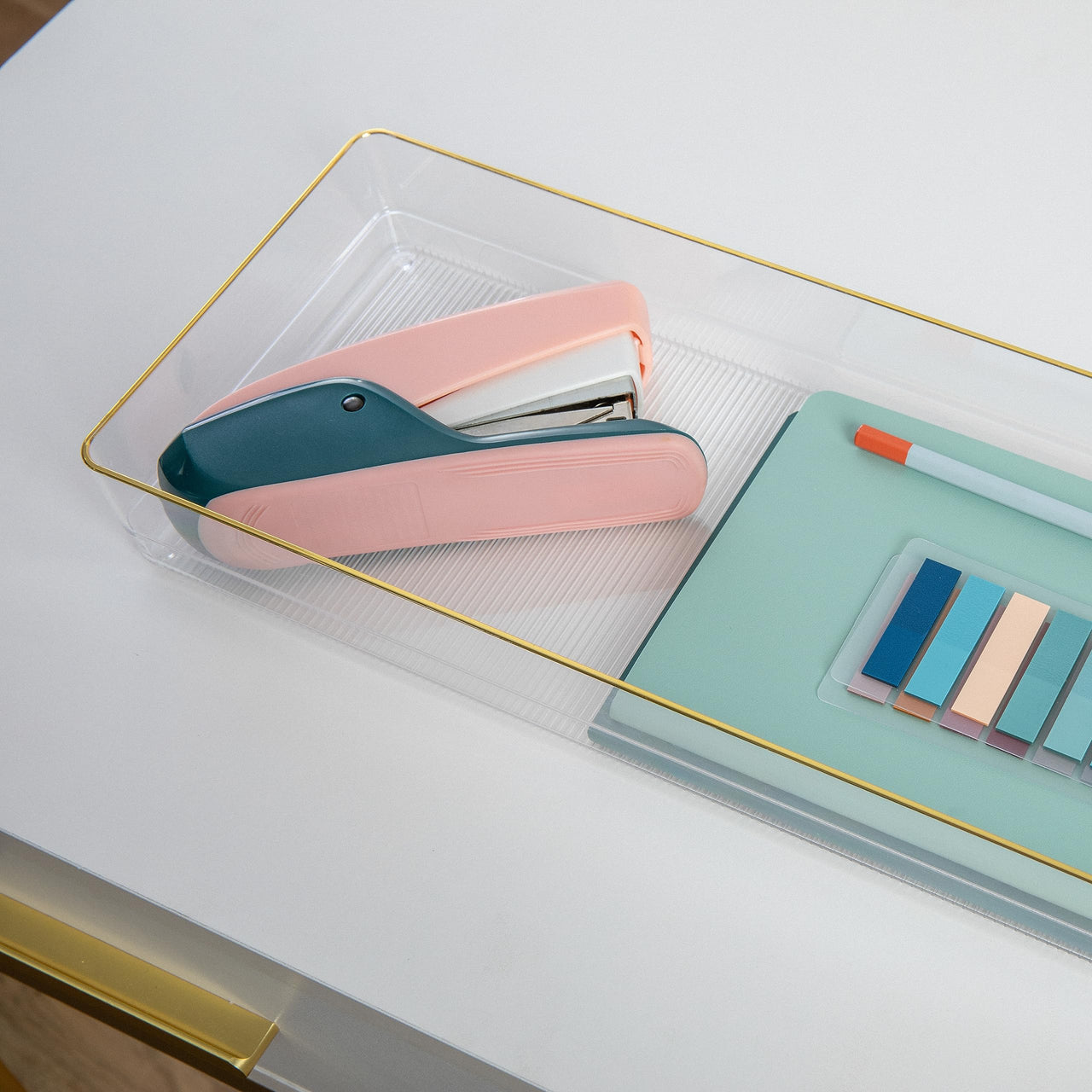 Martha Stewart Kerry Plastic Stackable Office Desk Drawer Organizers, 15" x 6", 2 Pack, with Gold Trim