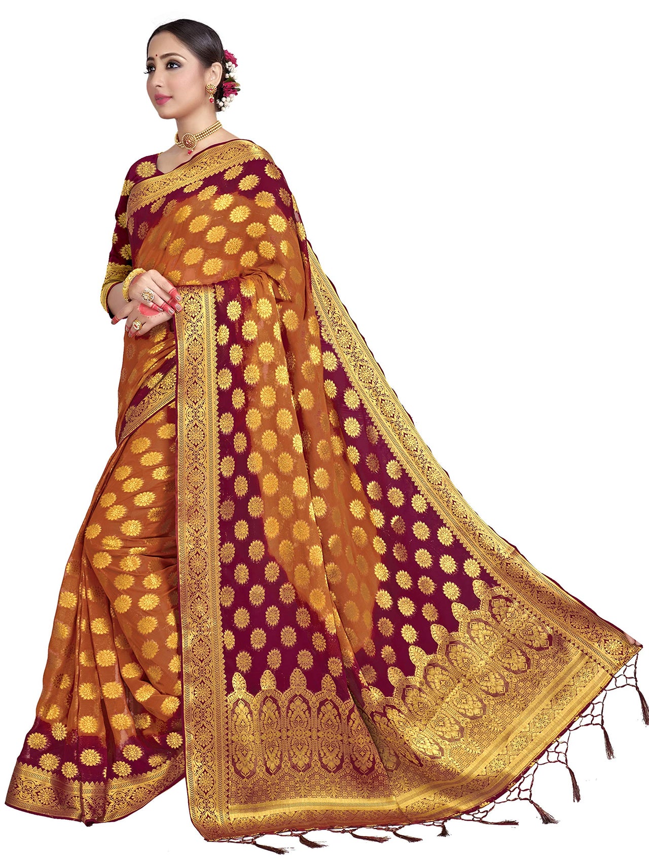 Vardha Women's  Chiffon Silk Saree with Unstitched Blouse Piece - Zari Woven Work Sarees for Wedding