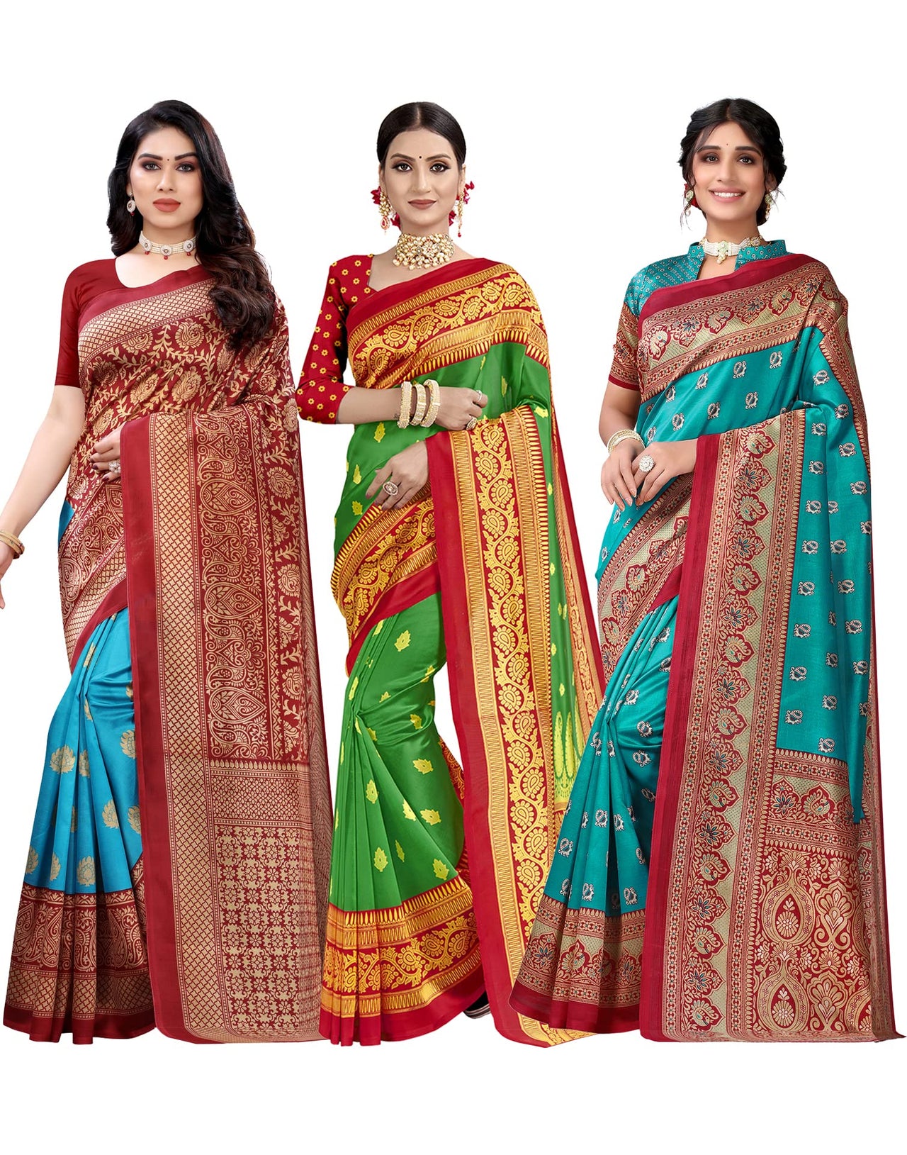 SIRIL Women's Poly Silk Saree Combo Pack Of 3 With Unstitched Blouse Piece