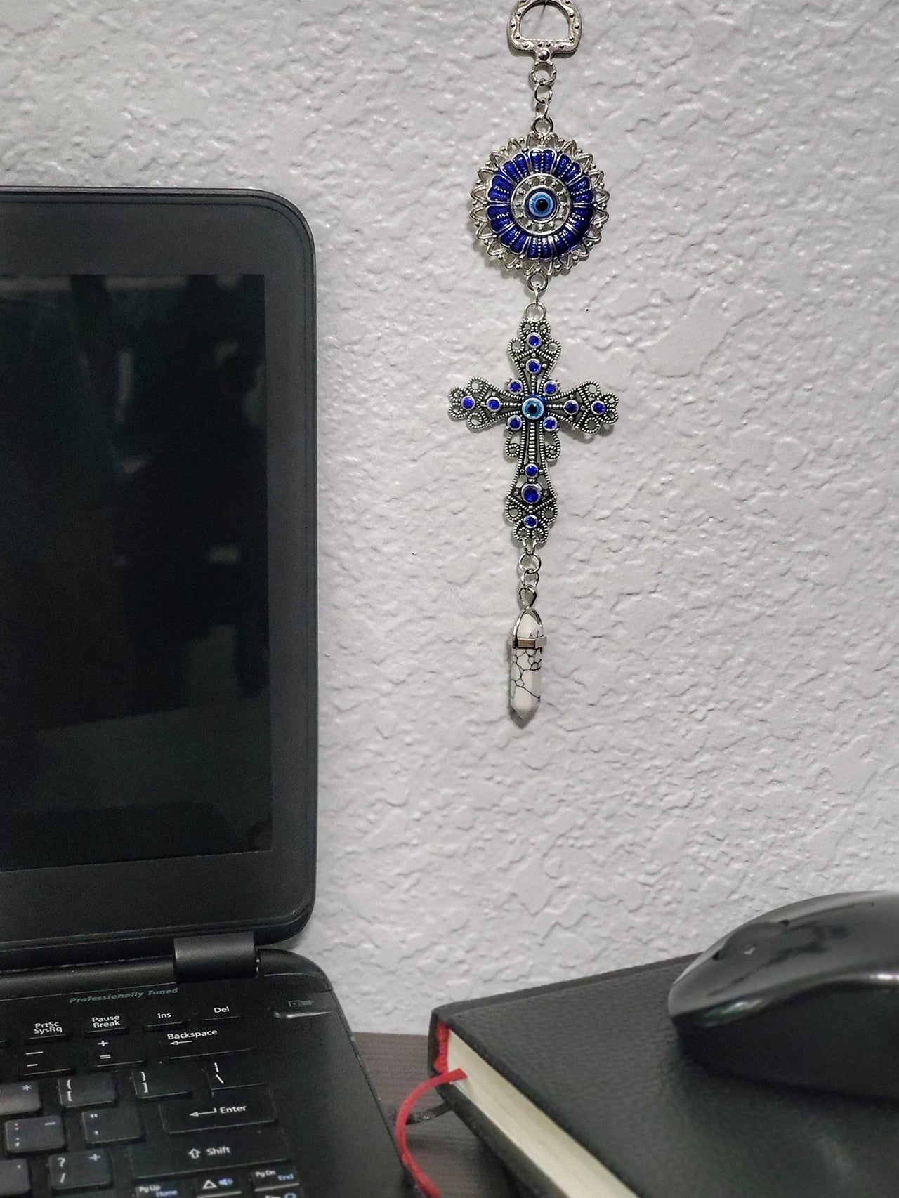 LUCKBOOSTIUM Blue Crystal Inlayed Cross & Blue Mandala Evil Eye Amulet w/Hanging Healing Stone - Nature, Energy, Rebirth, Growth Charms - Car & Home Lucky Charm Ornament (2"x8", White Turquoise)