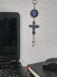 LUCKBOOSTIUM Blue Crystal Inlayed Cross & Blue Mandala Evil Eye Amulet w/Hanging Healing Stone - Nature, Energy, Rebirth, Growth Charms - Car & Home Lucky Charm Ornament (2