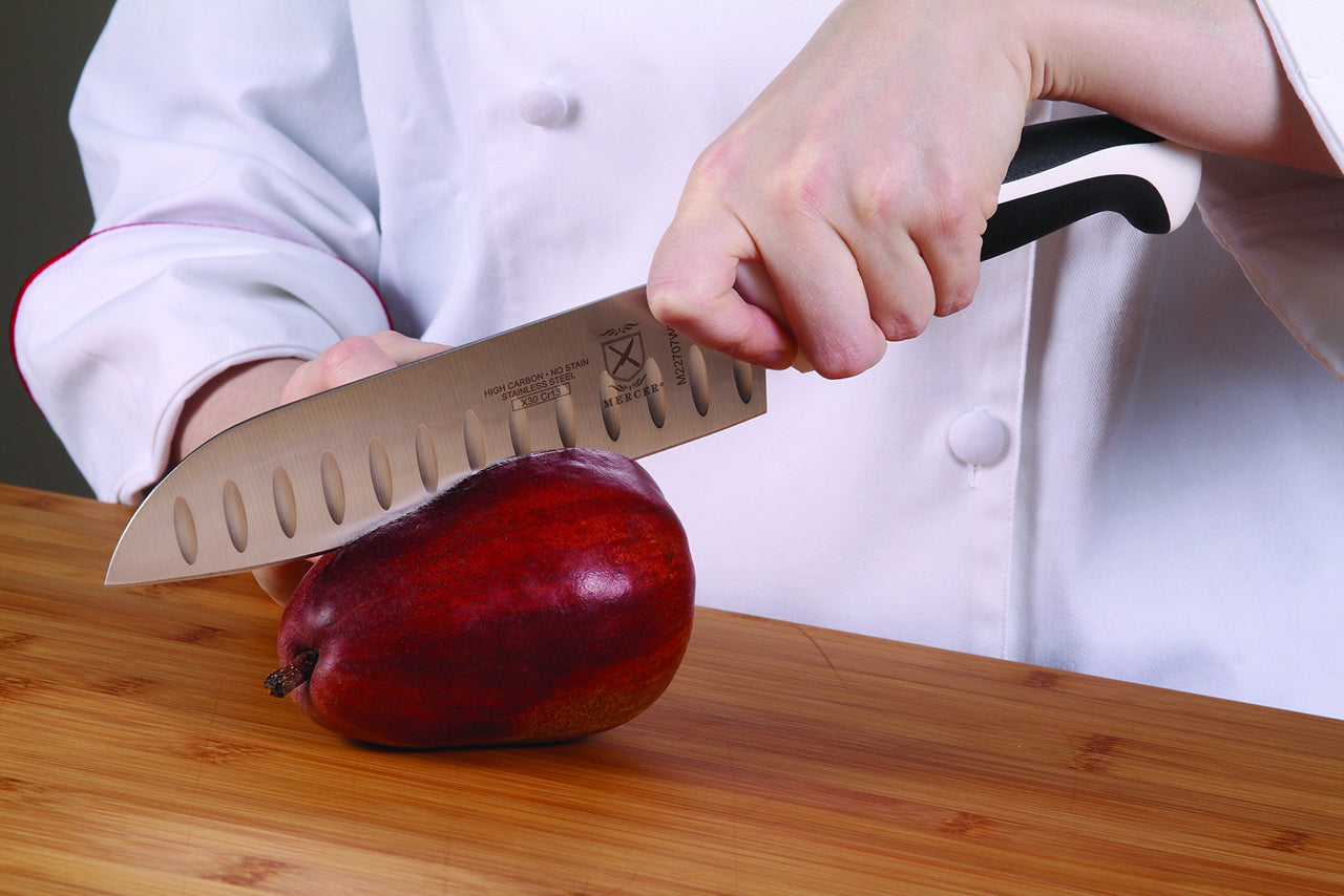 Mercer Culinary White Millennia Handle, 7" Santoku Knife (Granton Edge) Granton Edge Santoku Knife 7" Santoku Knife (Granton Edge)