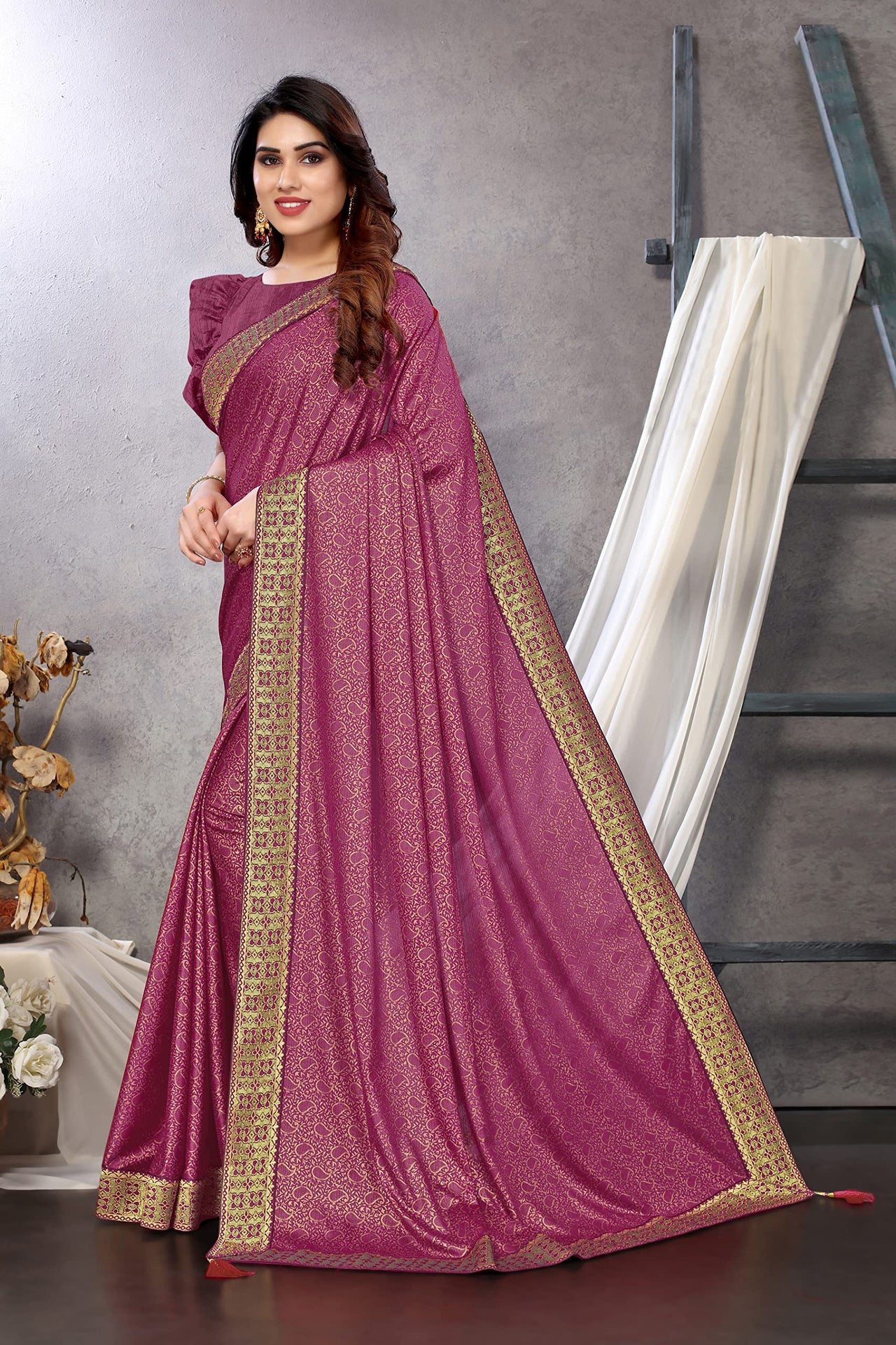 MIRCHI FASHION Women's  Stylish Lycra Foil Printed Design with Zari Woven Lace Work Saree with Blouse Piece