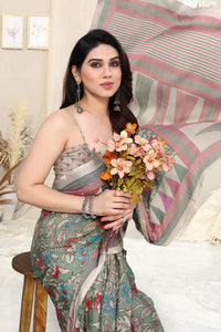 MIRCHI FASHION Women's  Stylish Chiffon Floral and Geometric Printed Saree with Blouse Piece