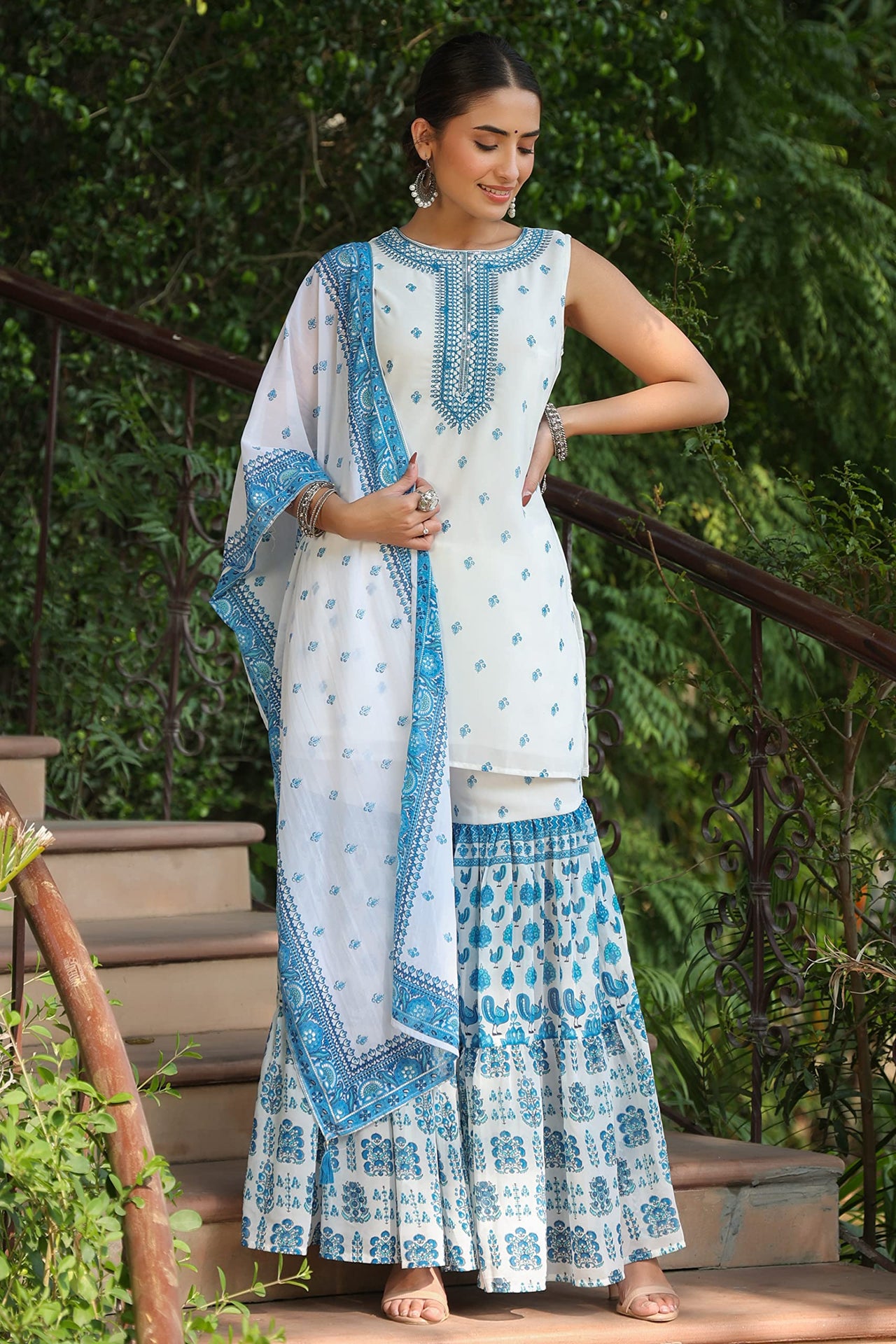 Juniper Blue Georgette Printed Straight Kurta Sharara Dupatta Set