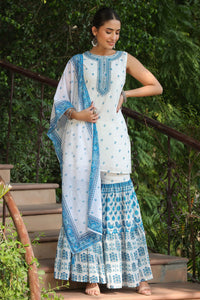 Juniper Blue Georgette Printed Straight Kurta Sharara Dupatta Set