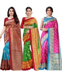 SIRIL Women's Poly Silk Saree Combo Pack Of 3 With Unstitched Blouse Piece