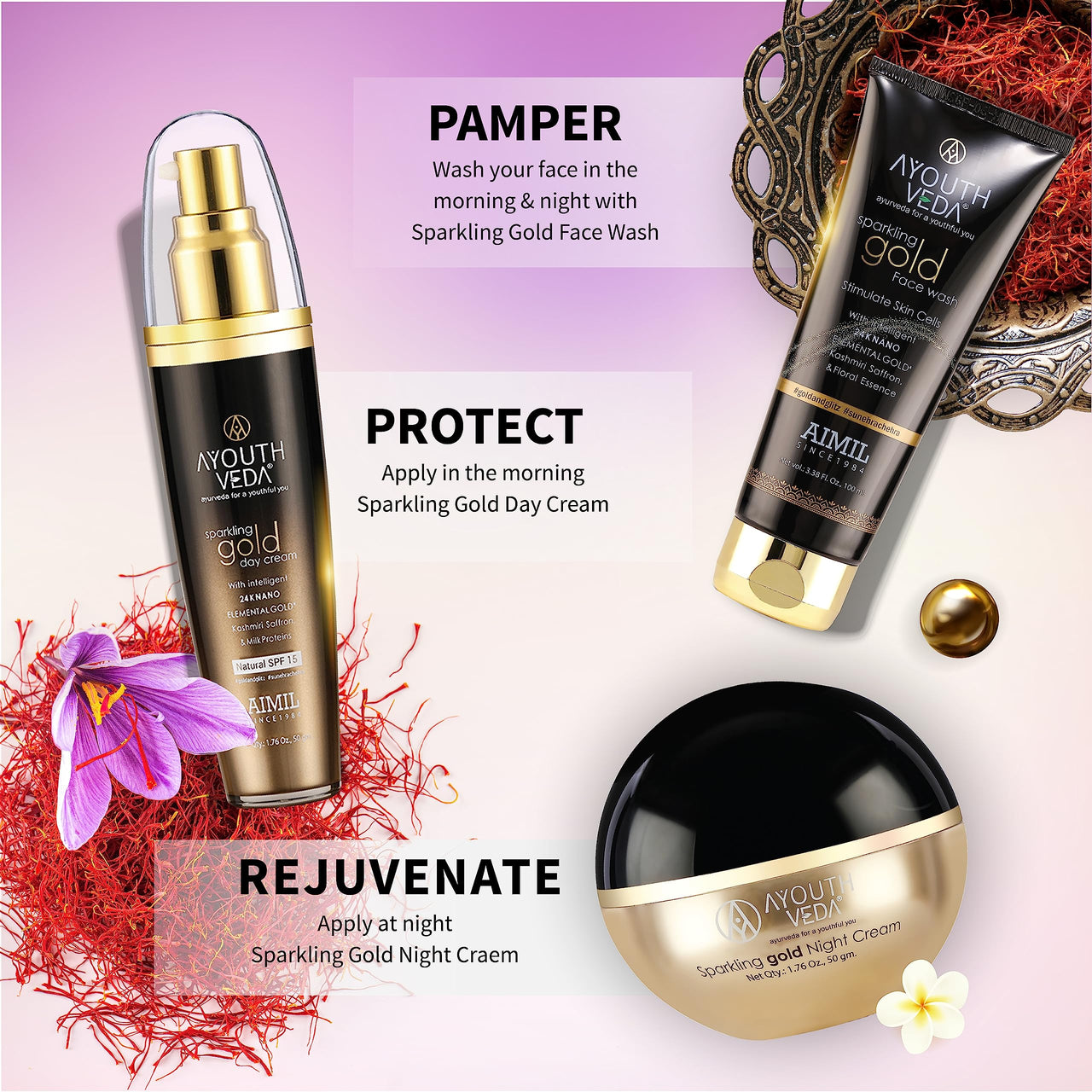 Ayouthveda Sparkling 100 ml Gold Face Wash With 24k Gold & Saffron | Face Wash for Glowing Skin Men and Women | Suitable for Normal & Dry Skin (Pack of 3;100ml each)